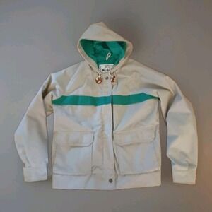 Vintage Woolrich Women's Jacket with Hood Natural and Green‎ Size Medium Crop